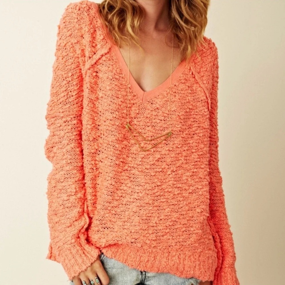 Free People Songbird Sweater V-neck Nubby Open Knit Coral Peach Urban Outfitters